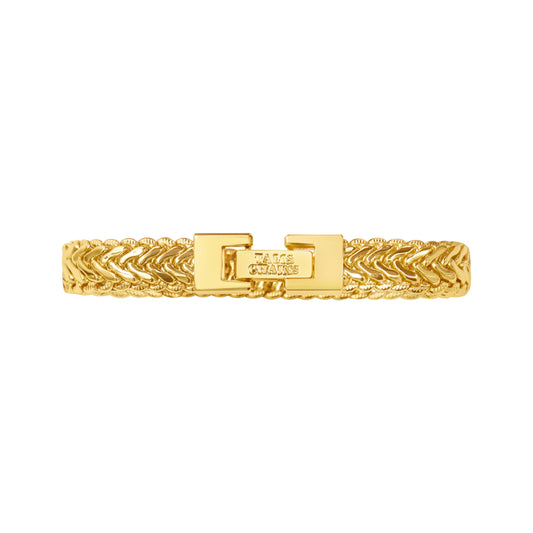 A gold chain bracelet with a braided rope texture and a rectangular clasp featuring the brand name 'JACK JONES' engraved on it, set against a plain white background.
