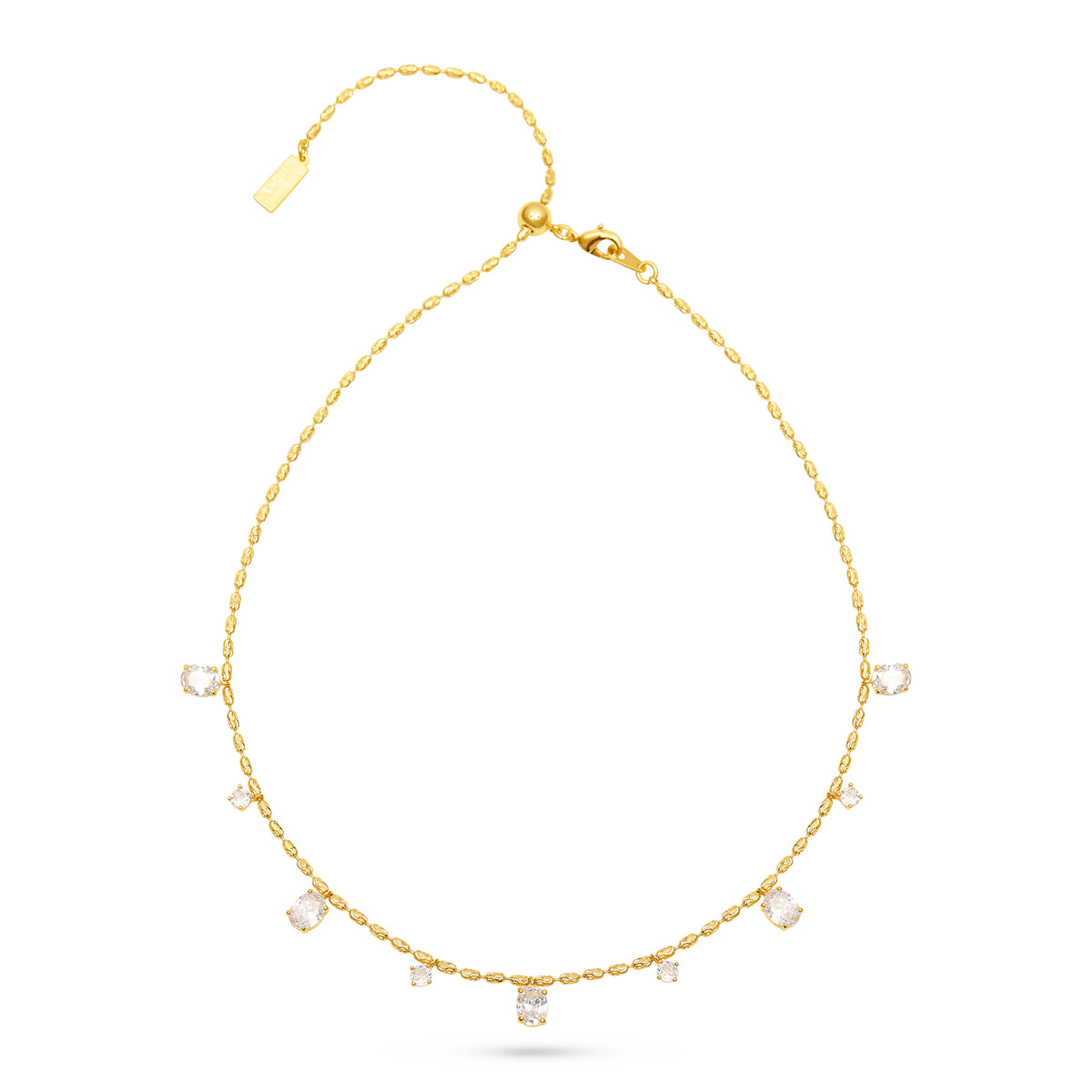 A delicate gold chain necklace with small clear rectangular gemstones spaced along the front, displayed on a clean white background.