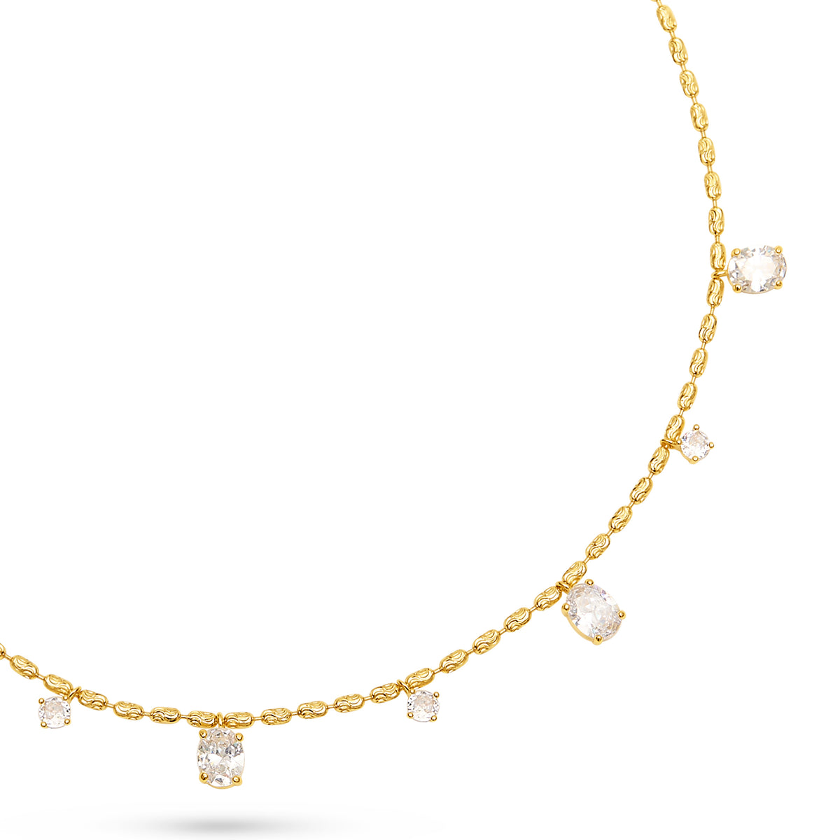 A delicate yellow gold necklace featuring small oval-cut stones along the chain and several larger clear rectangular gemstones, displayed on a clean white background.