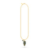 A delicate gold chain necklace featuring a small gold bead charm and a leaf-shaped pendant with green and gold detailing, displayed on a clean white background.