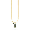 A delicate gold chain necklace featuring a carved green leaf pendant with gold detailing and a small gold bead accent, shown against a plain white background.