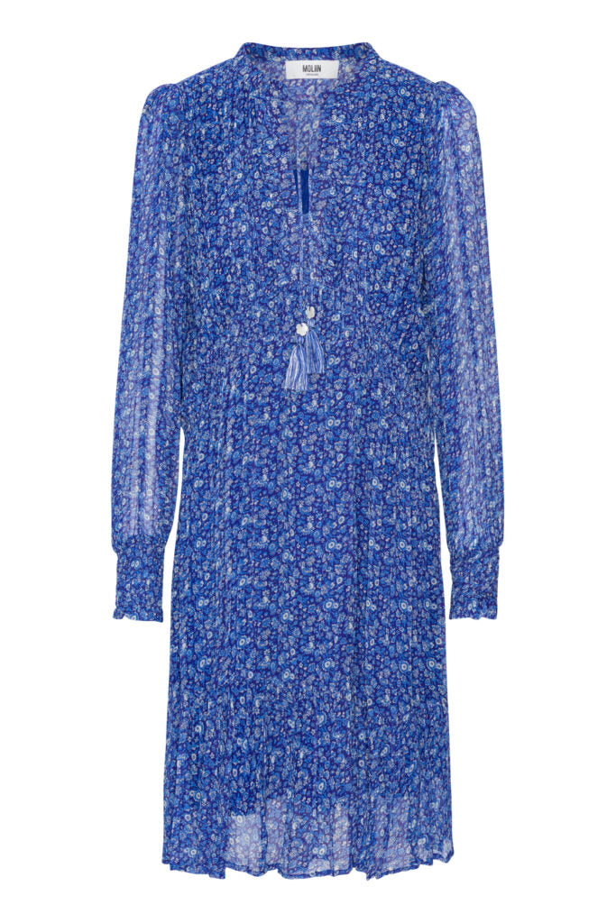Short midi royal blue ditsy floral long sleeved dress with tassel details