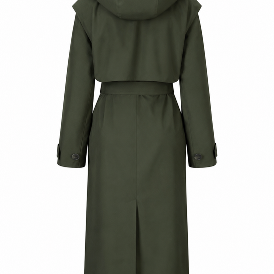An olive green hooded trench coat shown from the back, featuring a belted waist and long sleeves, set against a plain white background.
