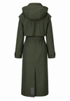 An olive green hooded trench coat shown from the back, featuring a belted waist and long sleeves, set against a plain white background.