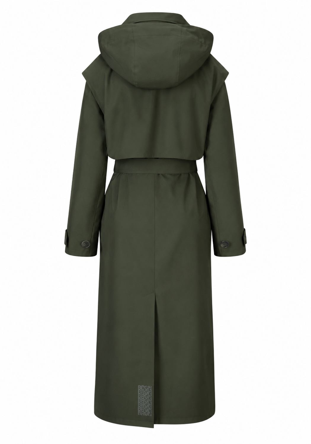 An olive green hooded trench coat shown from the back, featuring a belted waist and long sleeves, set against a plain white background.