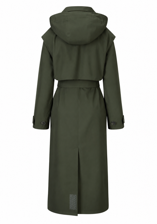 An olive green hooded trench coat shown from the back, featuring a belted waist and long sleeves, set against a plain white background.