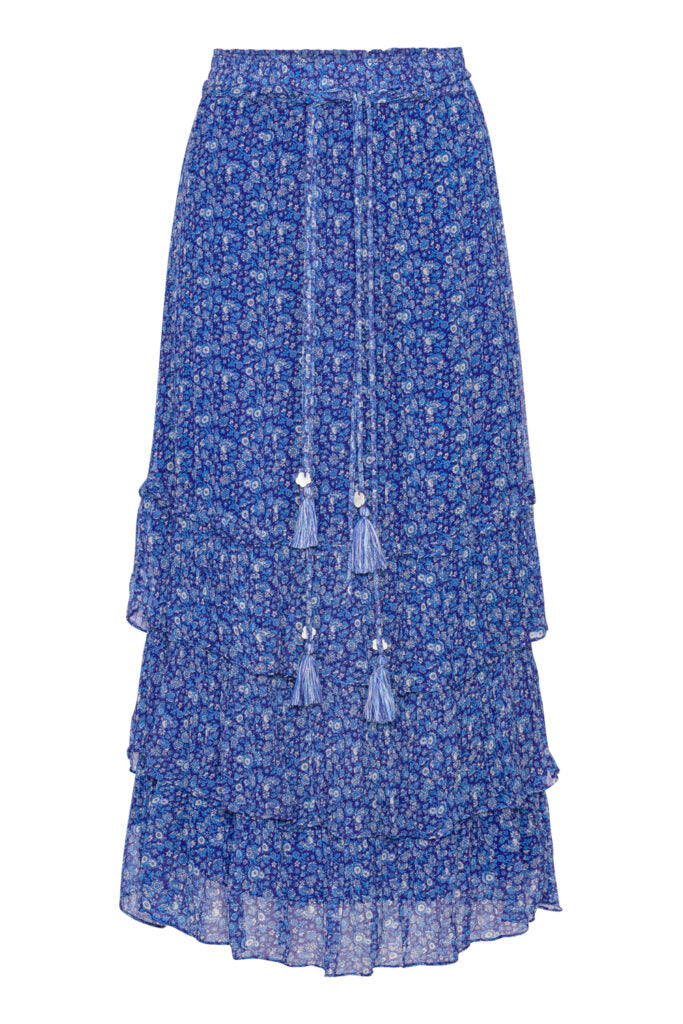 Blue ditsy floral maxi skirt with elasticated waistband and tassel details