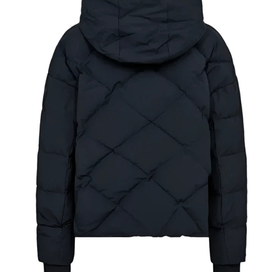 navy blue down jacket with diamond stitch design, zipped away hood and side pockets  rear view 