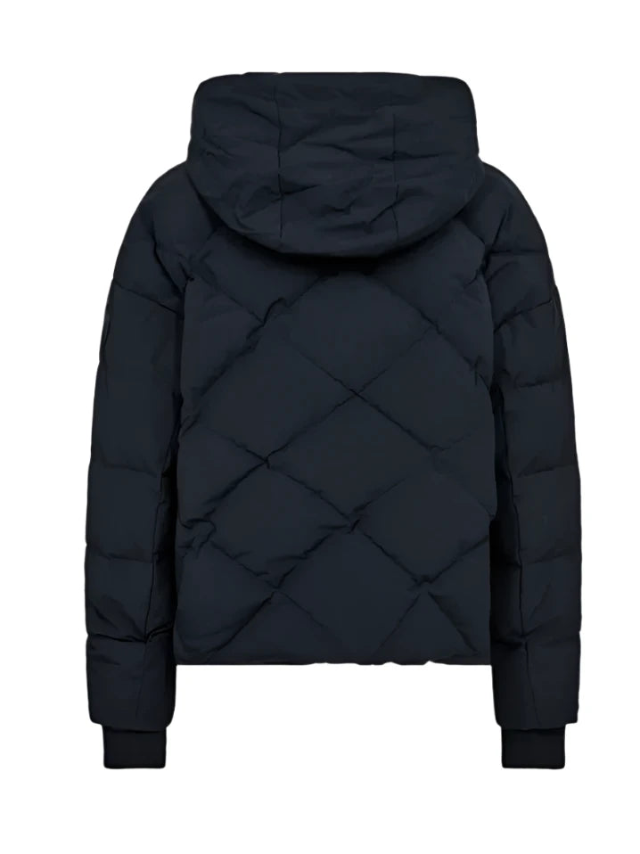 navy blue down jacket with diamond stitch design, zipped away hood and side pockets  rear view 