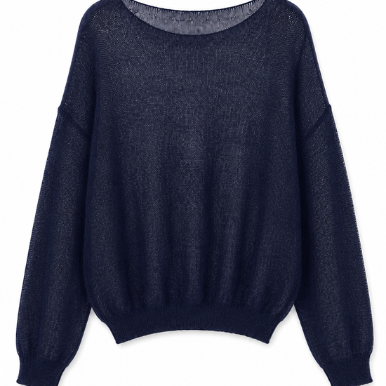 A dark navy blue knit sweater with a wide boat neckline, long balloon sleeves, and ribbed cuffs and hem, shown against a plain white background.