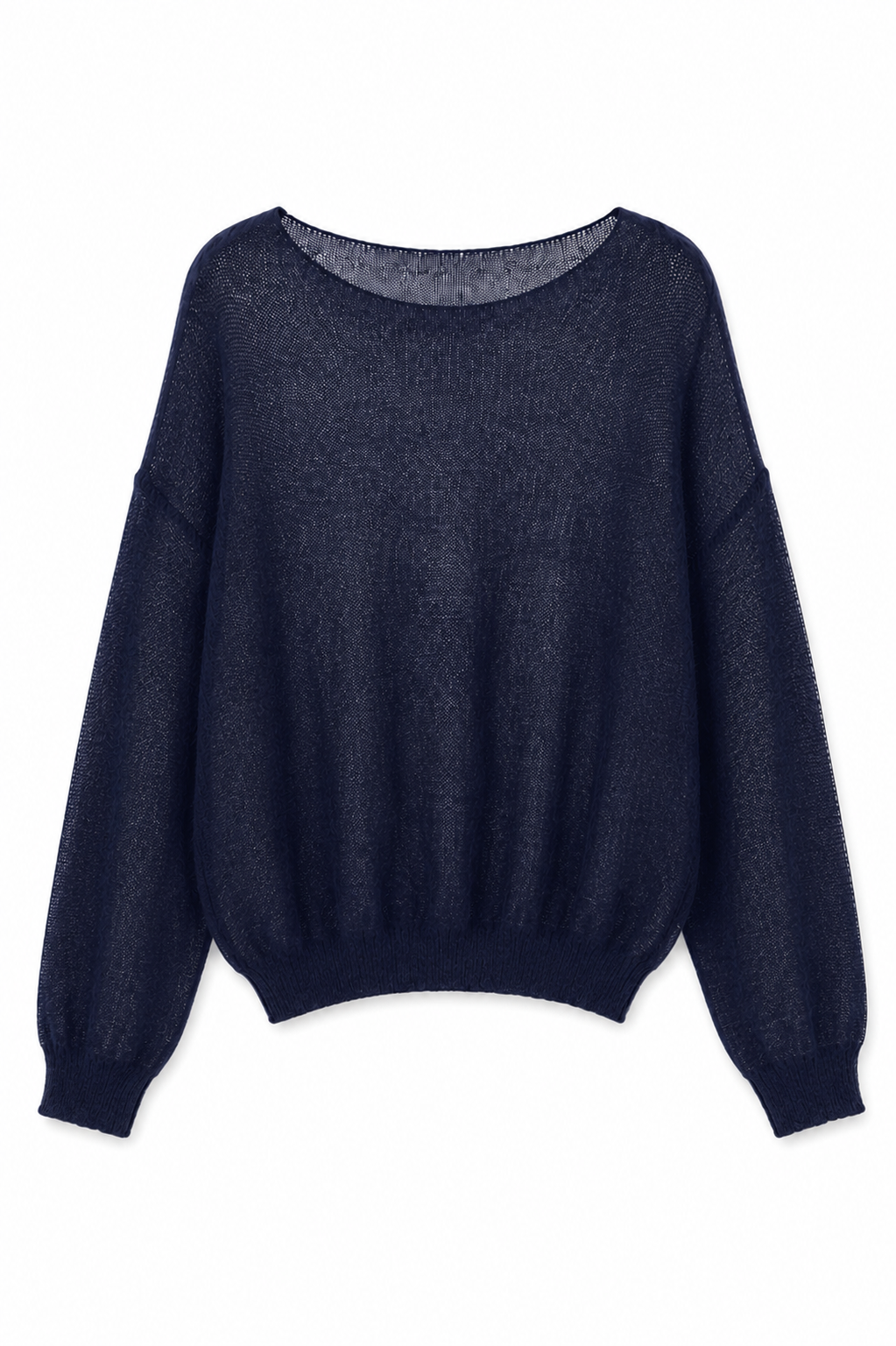 A dark navy blue knit sweater with a wide boat neckline, long balloon sleeves, and ribbed cuffs and hem, shown against a plain white background.