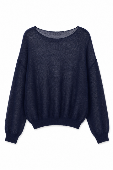 A dark navy blue knit sweater with a wide boat neckline, long balloon sleeves, and ribbed cuffs and hem, shown against a plain white background.