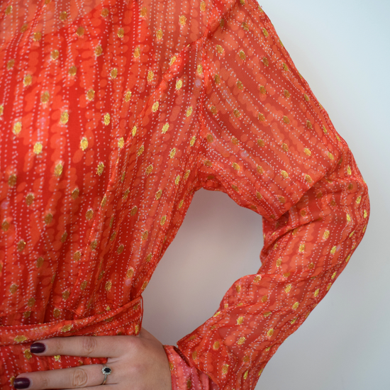 Orange and gold thread maxi sheer shirt dress with tie waist