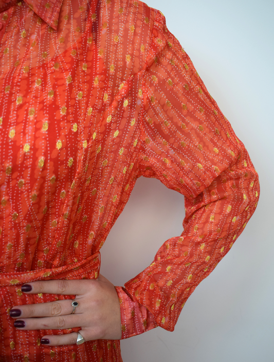 Orange and gold thread maxi sheer shirt dress with tie waist