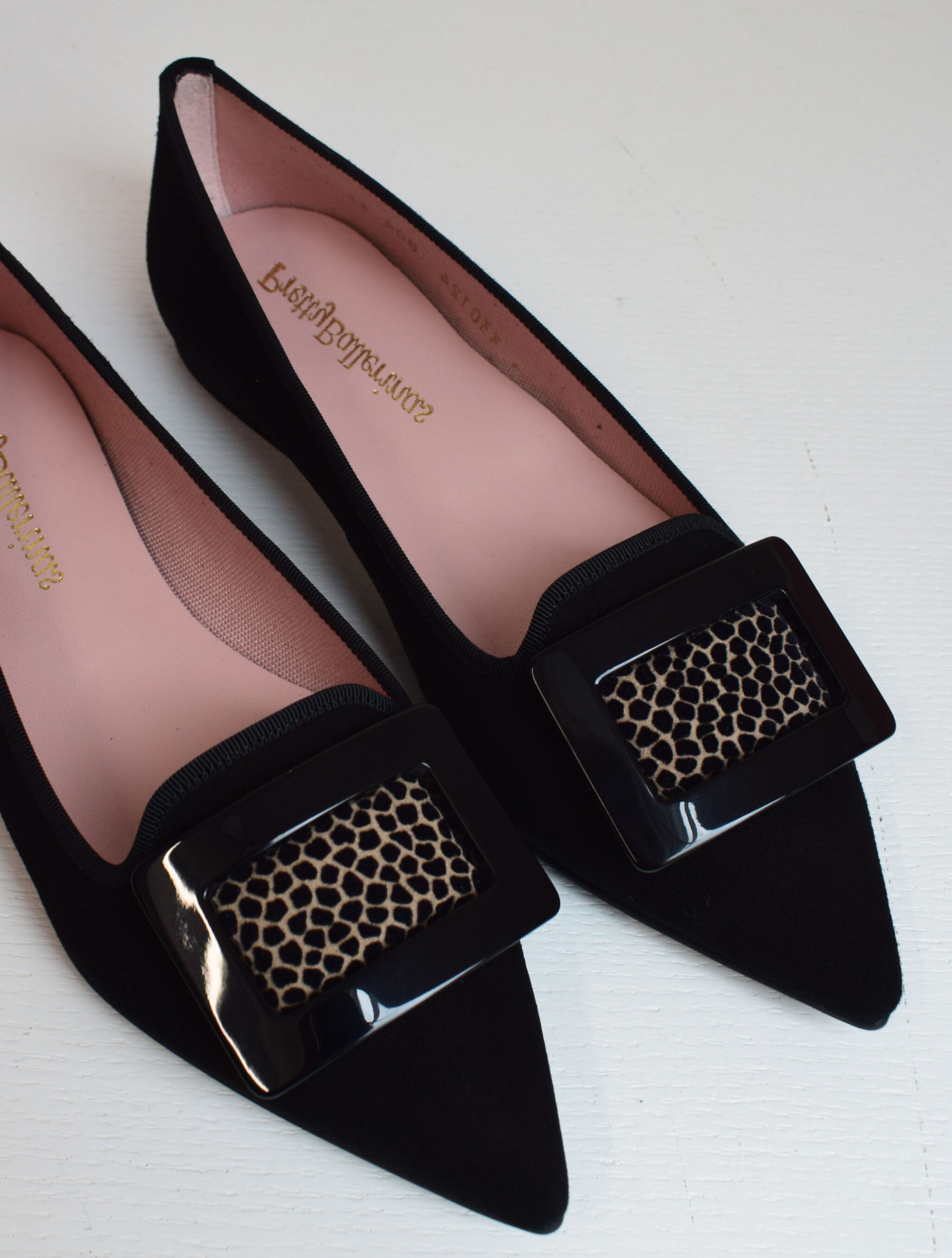 Black suede pointed toe ballet pumps with black buckle with cheetah insert slipper style