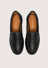 A pair of black leather penny loafers shown from a top-down view on a light beige background. The insoles are tan with the brand name 'DONNALEI' printed vertically in white.