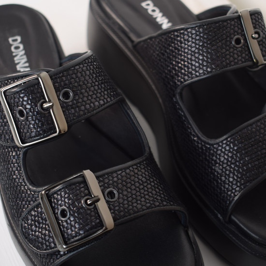 Black raffia sliders with double strap and platform sole