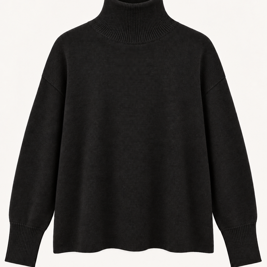 flat lay image of a black boxy cashmere turtle neck knit