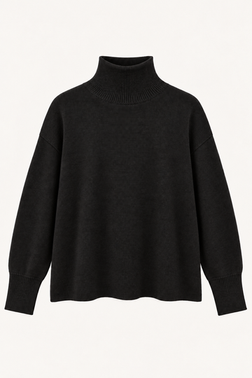 flat lay image of a black boxy cashmere turtle neck knit