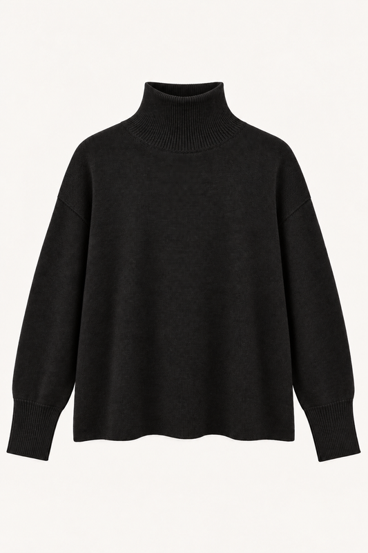 flat lay image of a black boxy cashmere turtle neck knit