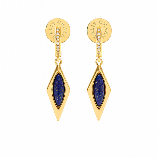 A pair of gold drop earrings with marquise-shaped lapis lazuli stones and small clear stones, shown on a plain white background.