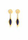 A pair of gold drop earrings with marquise-shaped lapis lazuli stones and small clear stones, shown on a plain white background.