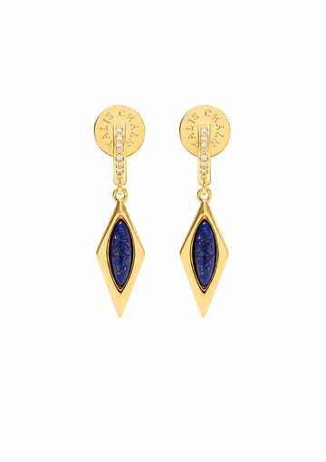 A pair of gold drop earrings with marquise-shaped lapis lazuli stones and small clear stones, shown on a plain white background.