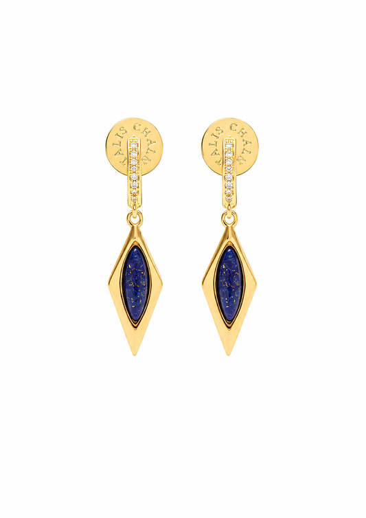 A pair of gold drop earrings with marquise-shaped lapis lazuli stones and small clear stones, shown on a plain white background.