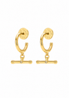 A pair of gold huggie hoop earrings with a dangling barbell charm and a small clear rhinestone in the center, shown on a plain white background.
