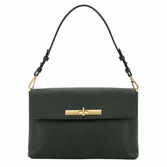 A dark green textured leather handbag with a gold-tone horizontal bar clasp and a black shoulder strap, shown against a plain white background.