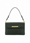 A dark green textured leather handbag with a gold-tone horizontal bar clasp and a black shoulder strap, shown against a plain white background.