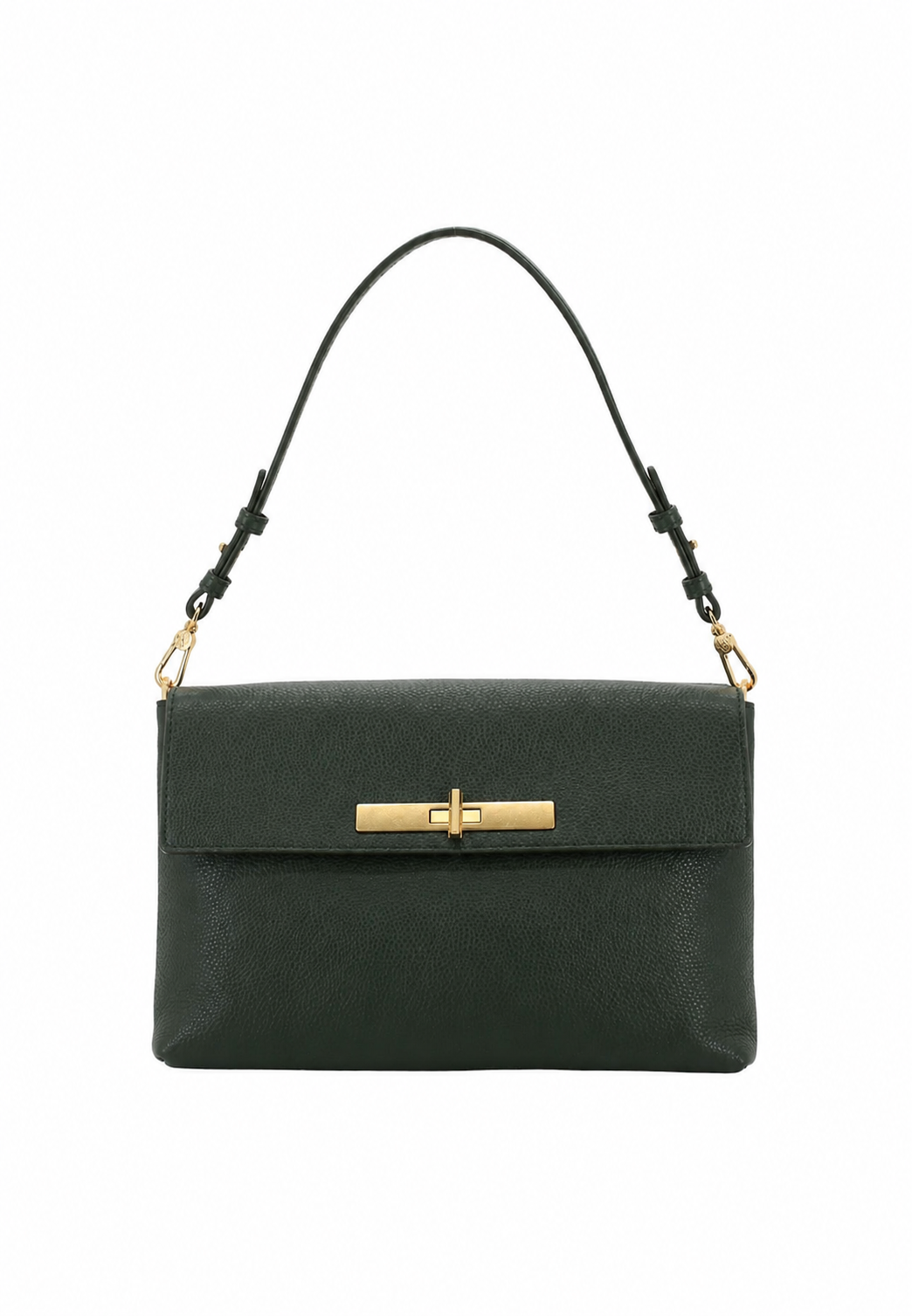 A dark green textured leather handbag with a gold-tone horizontal bar clasp and a black shoulder strap, shown against a plain white background.