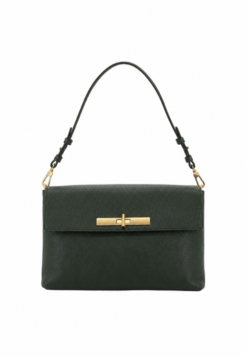 A dark green textured leather handbag with a gold-tone horizontal bar clasp and a black shoulder strap, shown against a plain white background.