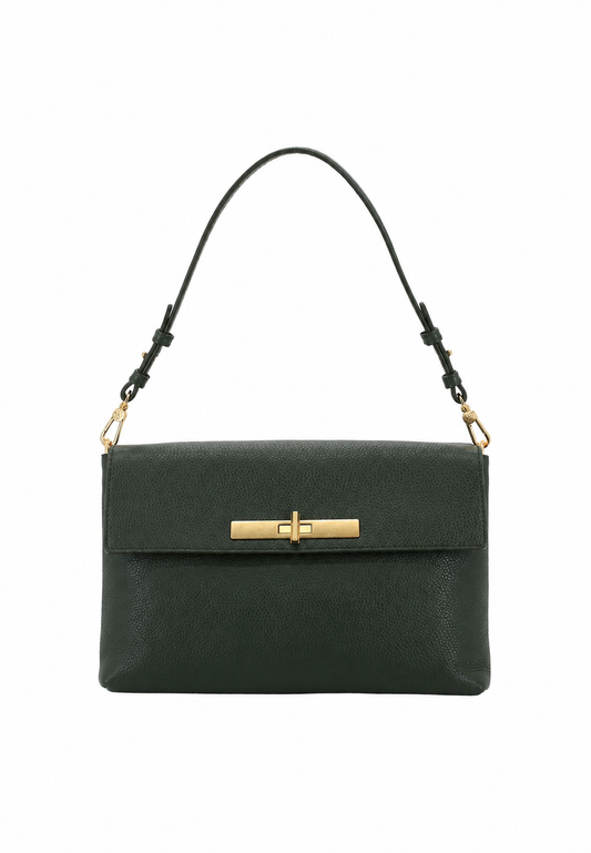 A dark green textured leather handbag with a gold-tone horizontal bar clasp and a black shoulder strap, shown against a plain white background.