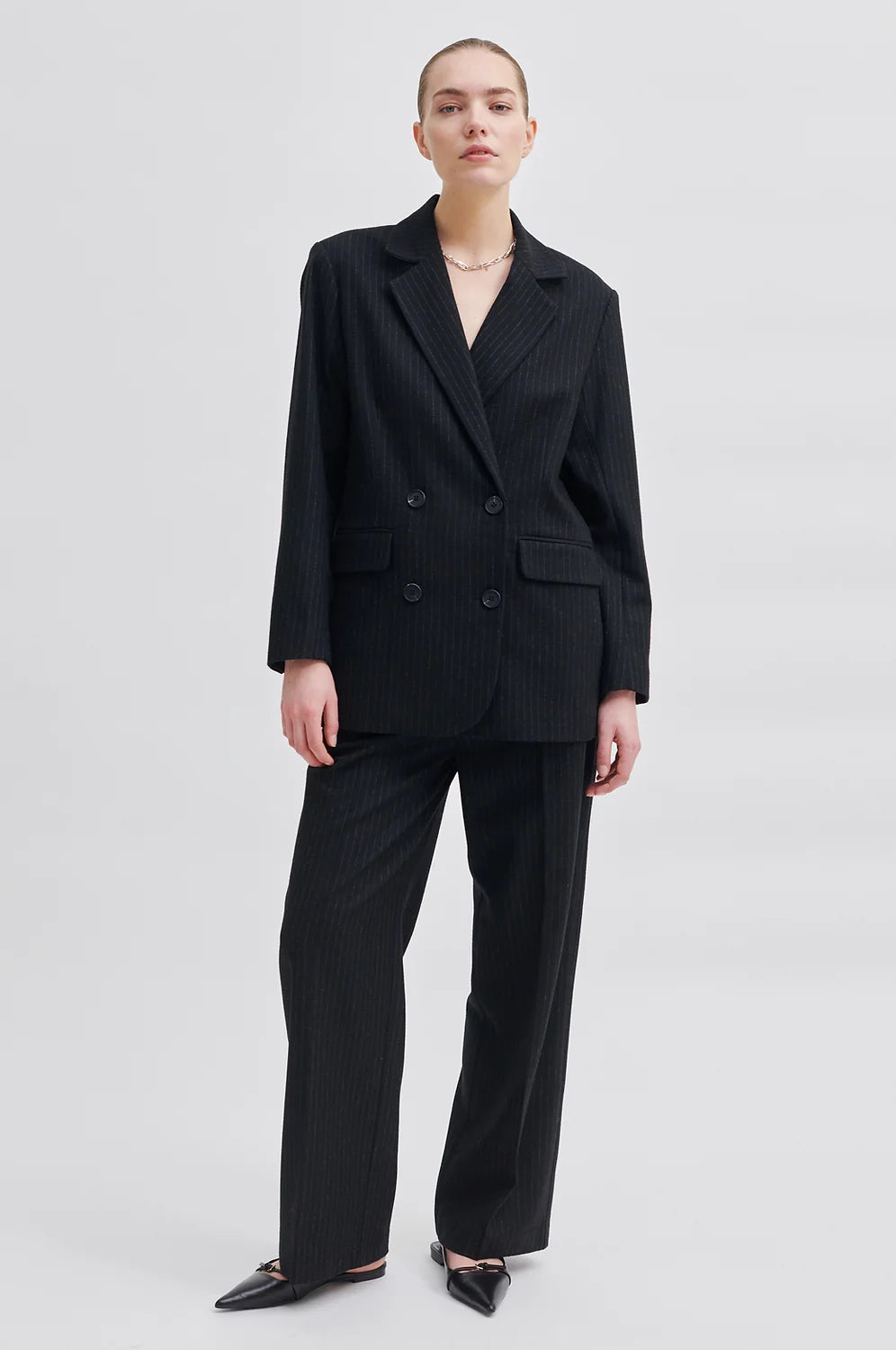 Black pinstripe double breasted blazer