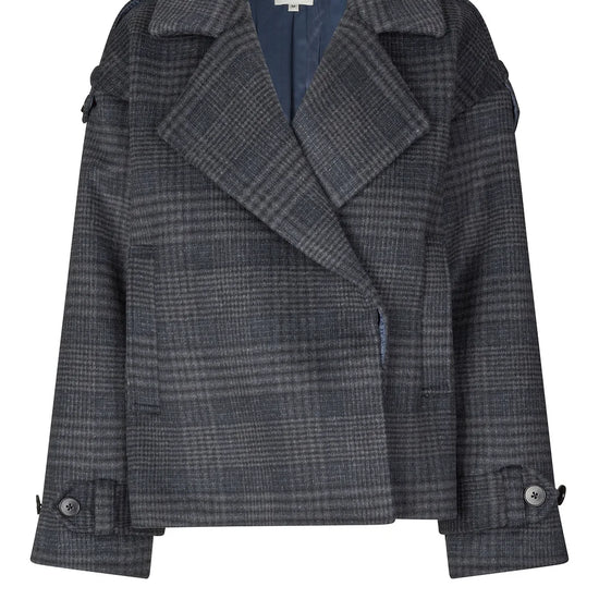 dark grey check jacket with wide collar and straps on cuffs and shoulders