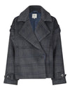 dark grey check jacket with wide collar and straps on cuffs and shoulders