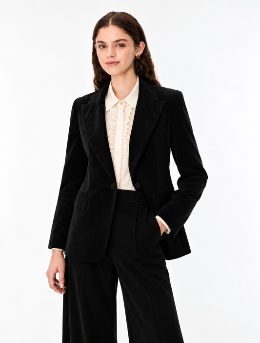 A woman modeling a black tailored blazer and matching wide-leg trousers over a cream ruffled blouse, photographed against a clean white studio background.