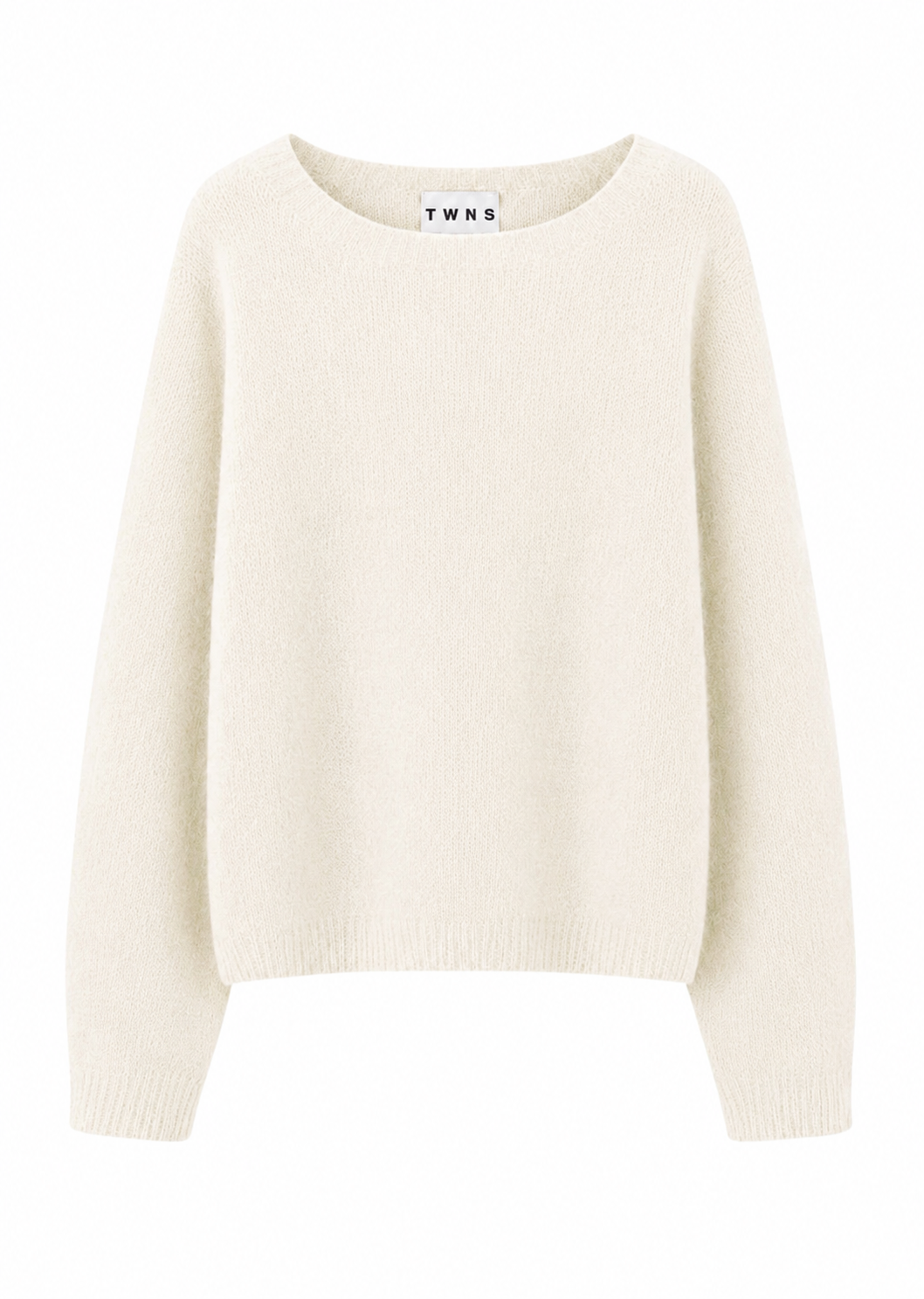 A cream-colored knit sweater with long sleeves and a crew neck, shown against a plain white background. The brand name 'TWNS' is visible on the inner neck label.