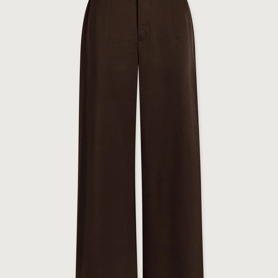 wide leg elasticated waist chocolate brown sateen trousers