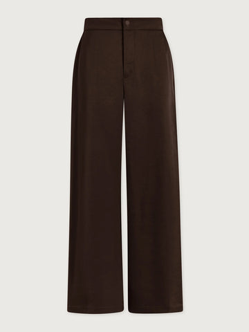 wide leg elasticated waist chocolate brown sateen trousers