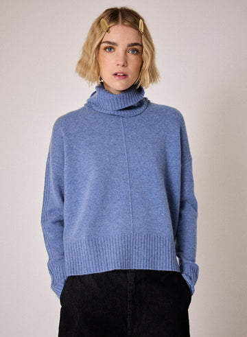 denim blue turtleneck jumper with rib and seam detailing