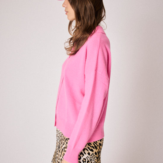 pink cardigan with collar and rib detailing side view