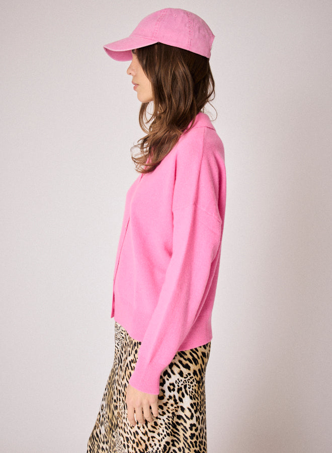 pink cardigan with collar and rib detailing side view