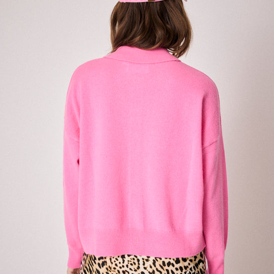pink cardigan with collar and rib detailing rear view
