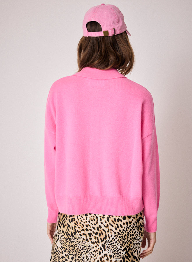 pink cardigan with collar and rib detailing rear view