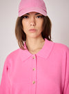 pink cardigan with collar and rib detailing close up