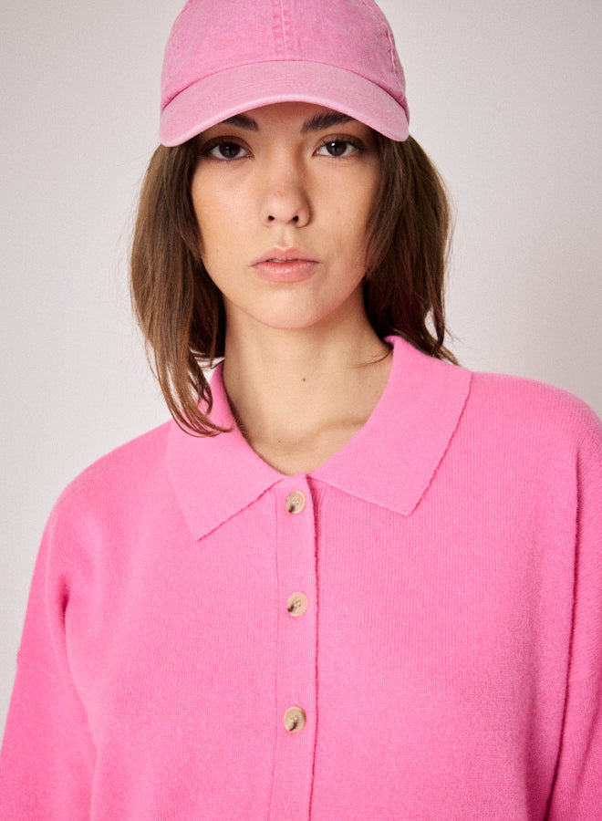 pink cardigan with collar and rib detailing close up