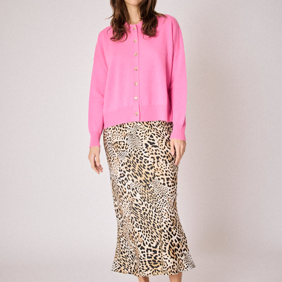 pink cardigan with collar and rib detailing model shot