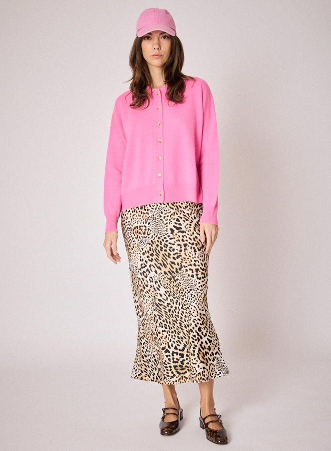 pink cardigan with collar and rib detailing model shot